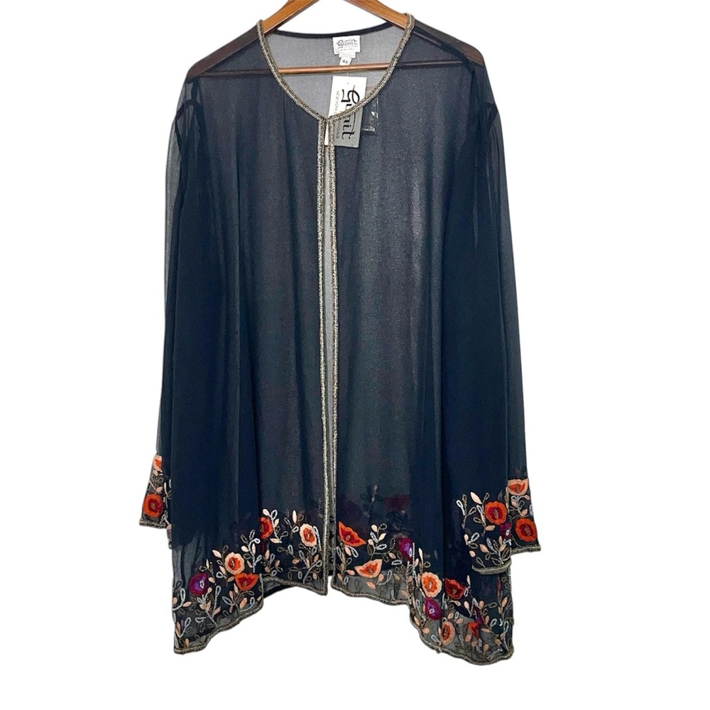 Gunit Fashions Sheer Black Chiffon Evening Jacket Embroidered Floral Beaded 4X